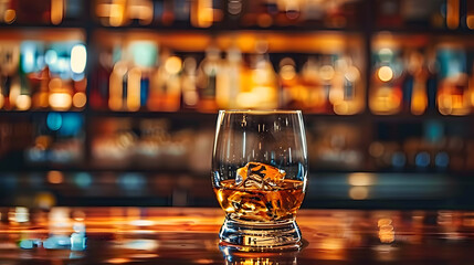 A glass of whiskey on the bar table behind the bar