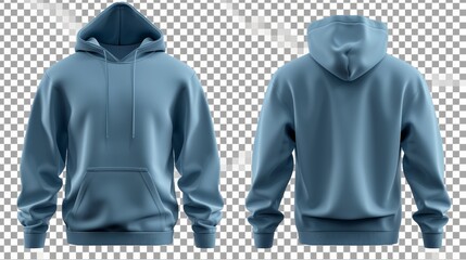 Wall Mural - Set of blue front and back view tee hoodie hoody sweatshirt on transparent background cutout, PNG file. Mockup template for artwork graphic design