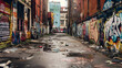Poor neighborhood, walls covered in graffiti, dirty street