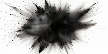 A Black Splash Painting On White Background, Black Powder Dust Paint Black Explosion Explode Burst Isolated Splatter Abstract. Black Smoke Or Fog Particles Explosive Special Effect