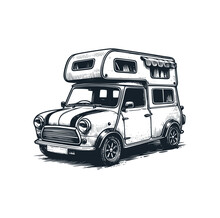 The Campervan Minicar. Black White Vector Illustration.