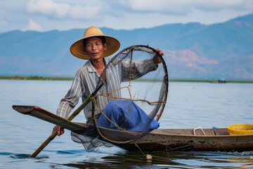 A traditional Asian fisherman on a wooden boat holding a fishing net with mountains in the background.