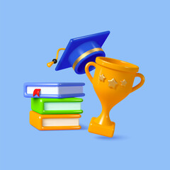 Wall Mural - 3d books with graduation cap and trophy. Education, degree ceremony concept. 3d render vector illustration.