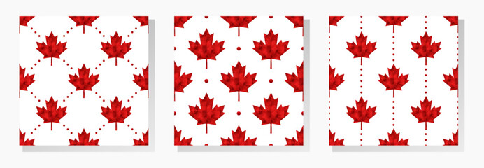 Sticker - Canadian vector seamless patterns collection. Red low poly maple leaves and dots on white background.