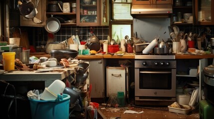 The disarray of a kitchen piled high with dirty dishes conveys the authentic and relatable experience of daily cooking and cleanup.
