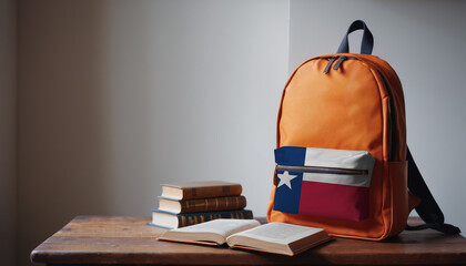 Back to school and happy time! Pile of books and backpack with Texas flag on the desk at the elementary school.