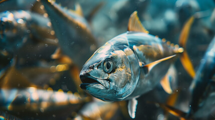 Wall Mural - Close-up image of tuna fish seen underwater, with beautiful coral reefs, Ai generated Images