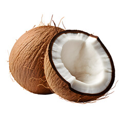 Coconut cracked open with a whole coconut on white and transparent background