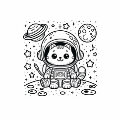  Coloring kids book page with astronaut cat