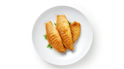Wall Mural - Fried fish on a white dish, isolated against a stark white background