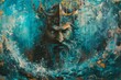 Oil painting of Poseidon, god of the ocean with a trident and majestic beard in mythical sea