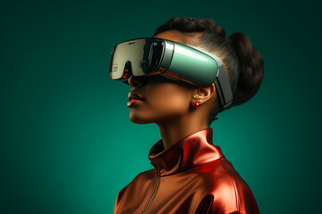 Beautiful african american woman wearing virtual reality goggles on orange background