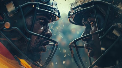 American football versus. Captains of America football teams look into each other's eyes while battle on the match.