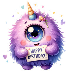 Wall Mural - Whimsical Purple Monster with Happy Birthday Sign