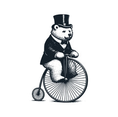 Wall Mural - The bear wear victorian suit ride the penny farthing vintage bike. Black white vector illustration.