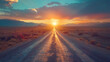 A breathtaking view of a sun setting over a vast landscape, casting a warm glow over an open road stretching towards distant mountains under a hazy sky.