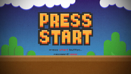 Aufkleber - PRESS START INSERT A COIN TO CONTINUE .pixel art .8 bit game.retro game. for game assets in vector illustrations.Retro Futurism Sci-Fi Background. glowing neon grid.and stars from vintage arcade comp