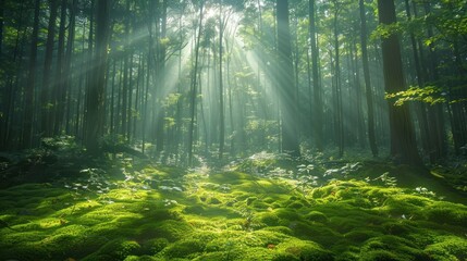 Wall Mural - Sunlight filters through a canopy of emerald leaves, dappling the forest floor in a mosaic of light and shadow.