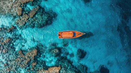 Wall Mural - A classic wooden boat sailing in the tranquil waters of the Coral Sea, captured from above by a drone