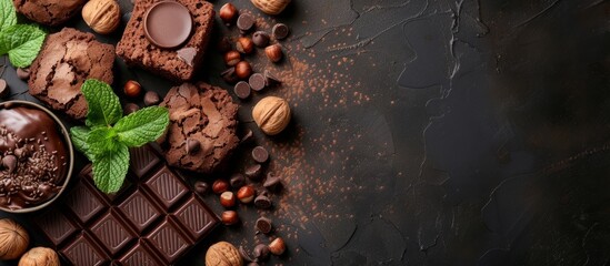 Wall Mural - Delicious and tempting chocolate and nuts assortment on a dark elegant background