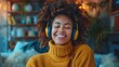 A delighted millennial woman, sporting headphones, is seen having a great time dancing to music