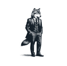 The Wolf Wear A Victorian Suit. Black White Vector Illustration.
