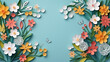 hello spring paper cut floral frame background
