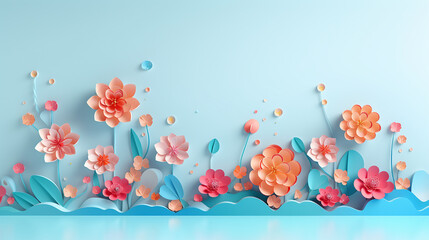 Wall Mural - illustration of paper art flowers and water droplets on blue background
