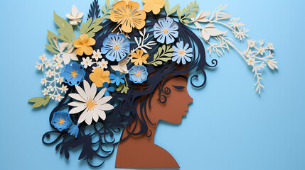 Wall Mural - blue background with paper cut woman head with spring flowers beautiful paper cut style design