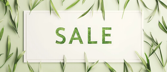 'SALE' sign with green leafy letters, surrounded by fresh leaves.