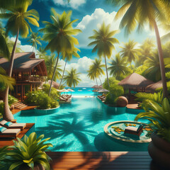 Wall Mural - Tropical paradise with a crystal clear pool surrounded by lush palm trees under the blue sky