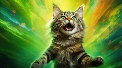 Wall Mural - A close-up of a cat's head with a surprised muzzle and wide-open eyes on a green background. Funny cat.