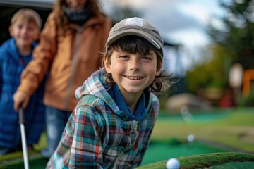 Poster - a young boy smiles while playing mini golf