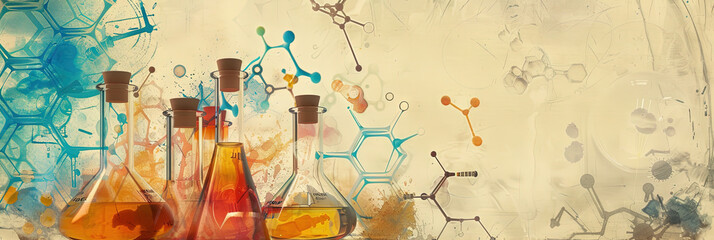 Science concept - biochemistry = biology + chemistry with molecules, beakers, DNA, and more with copy space 