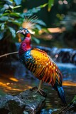 Fototapeta Zwierzęta - A majestic peacock by a stream in a lush, sunlit forest.