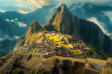 Machu Picchu Inca ancient civilization ruins in Peru, aerial view scenic picturesque