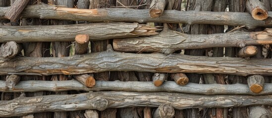 Wall Mural - A detailed shot of a fence constructed from branches showcasing the natural beauty of wood as a building material.