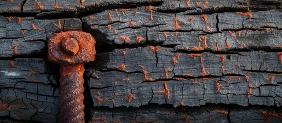 Wall Mural - A macro shot of a weathered metal screw embedded in a wooden surface, showcasing a rustic and industrial pattern