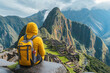 Traveler looking at Machu Picchu Inca ancient civilization ruins in Peru, aerial view scenic picturesque