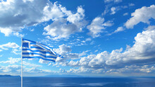 Greek Flag Waving Over Blue Sky