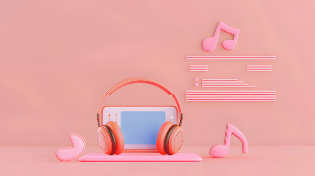 3d rendering concept music application with headphone and music player on pink background.