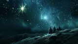 Fototapeta  - Magical starry night sky with a guiding star, ideal for Christmas nativity scenes and religious storytelling.