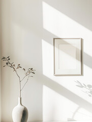 A minimalist interior with a hanging pendant light casting shadows on a wall with a framed blank canvas.