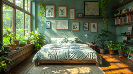 Poster - Plants and Books on the Bed in a Cozy Bedroom Interior Design