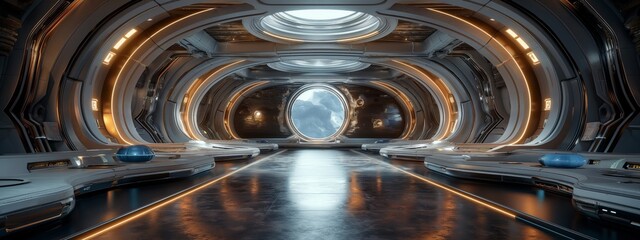 Technology futuristic background interior science fiction. Hi tech smart manufacturing automation concept. Futuristic space station or spaceship interior scifi style corridor or room. 