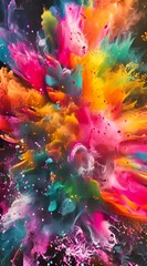 Wall Mural - Explosion of bright colorful paint on black background, burst of multicolored powder, abstract pattern of colored dust splash 4K Video