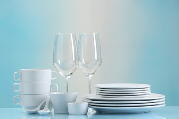 Wall Mural - Set of many clean dishware and glasses on light blue table