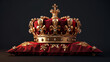Royal golden crown with jewels on a pillow on Red isolated, Royal golden crown with jewels on pillow on Red background, symbols of UK United Kingdom monarchy. Generative Ai 
