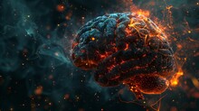 Abstract brain with neural connections and glowing particles isolated on dark background. Intelligence, creativity, and innovation concept. 3D rendering