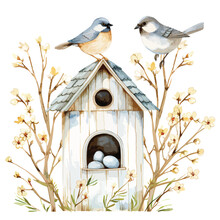 Spring Watercolor Illustration Of A Birdhouse